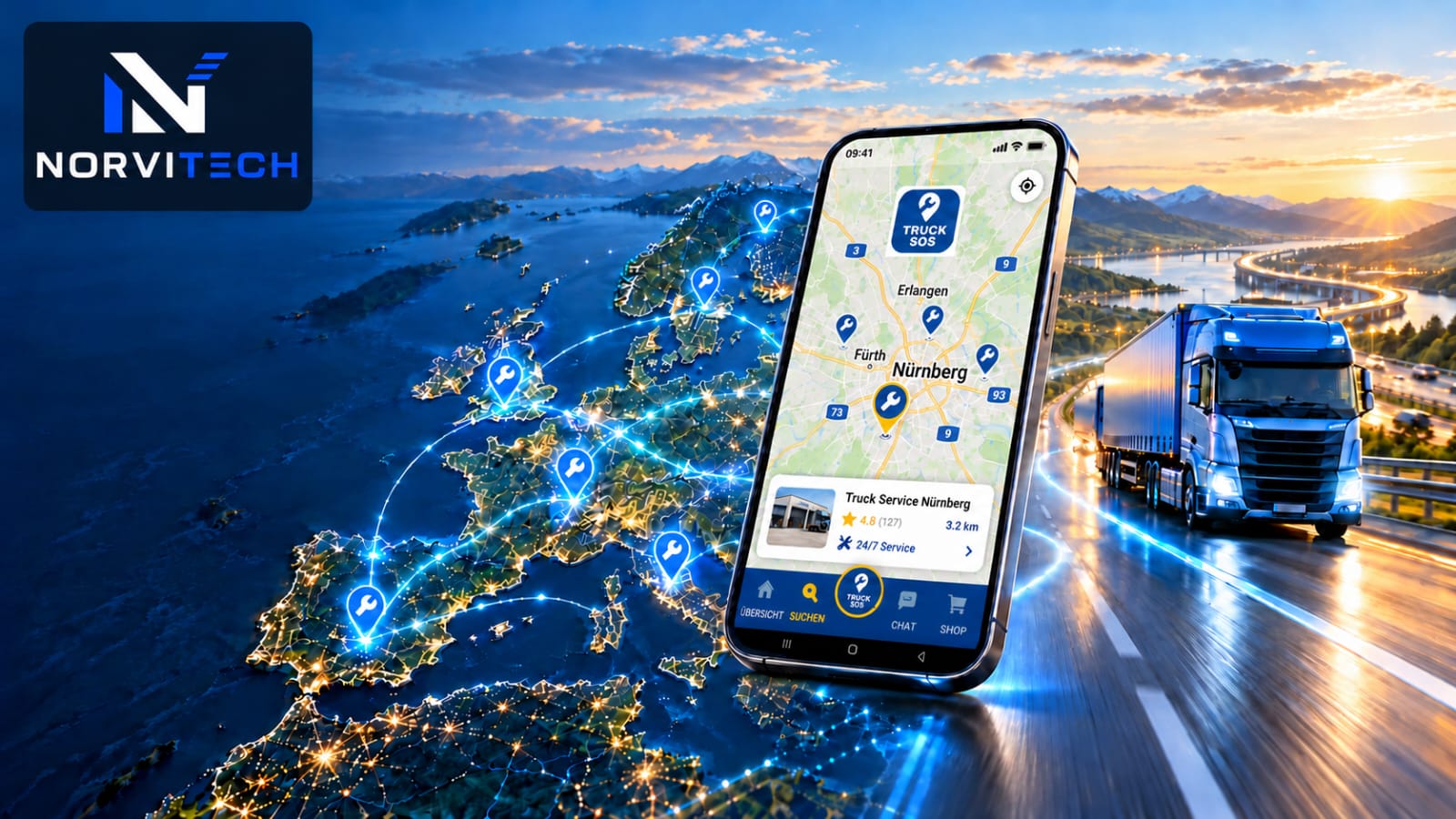 TruckSOS-App auf einem Smartphone: Karte mit LKW-Werkstätten rund um Nürnberg, im Hintergrund ein LKW auf der Autobahn